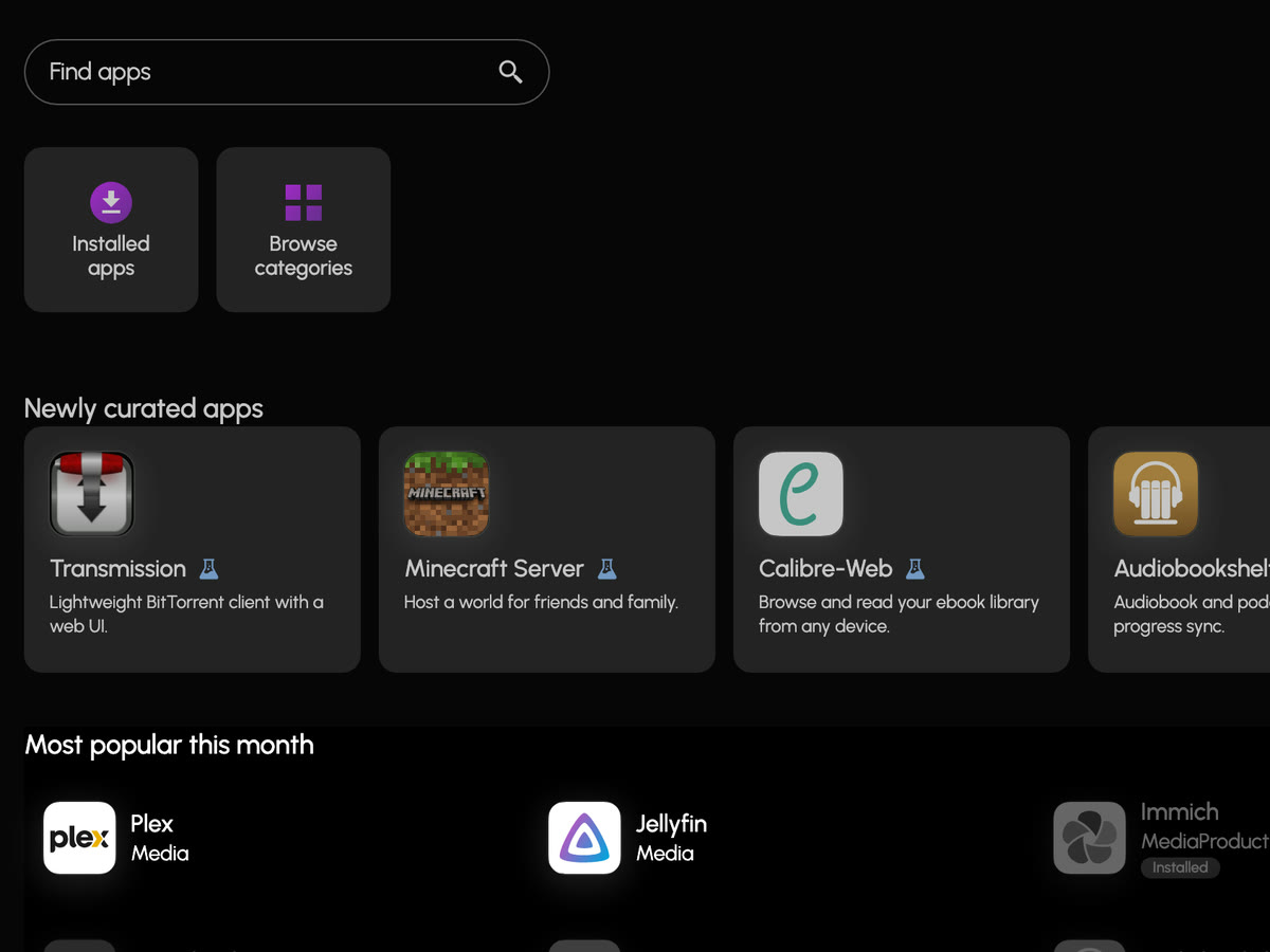The app catalog, with newly curated apps and the month's most popular