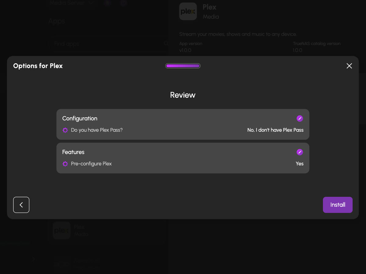 Plex's install dialog, ready to install