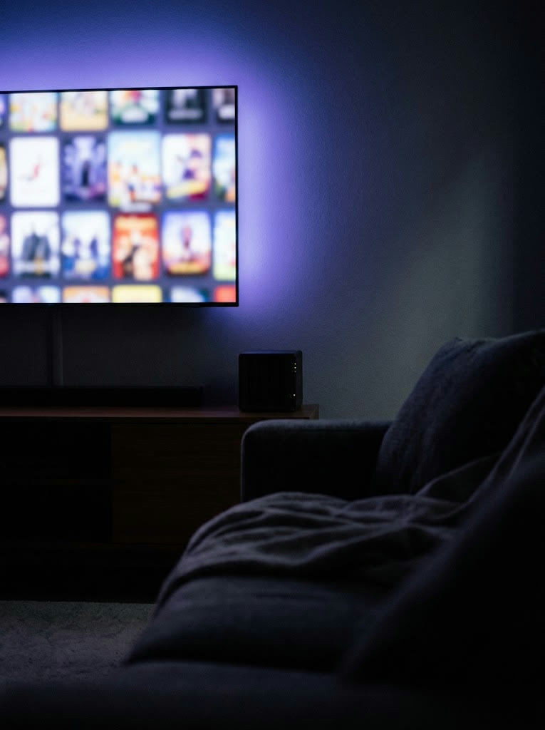 A living room at night lit by a wall TV full of posters, a small home server on the cabinet below it