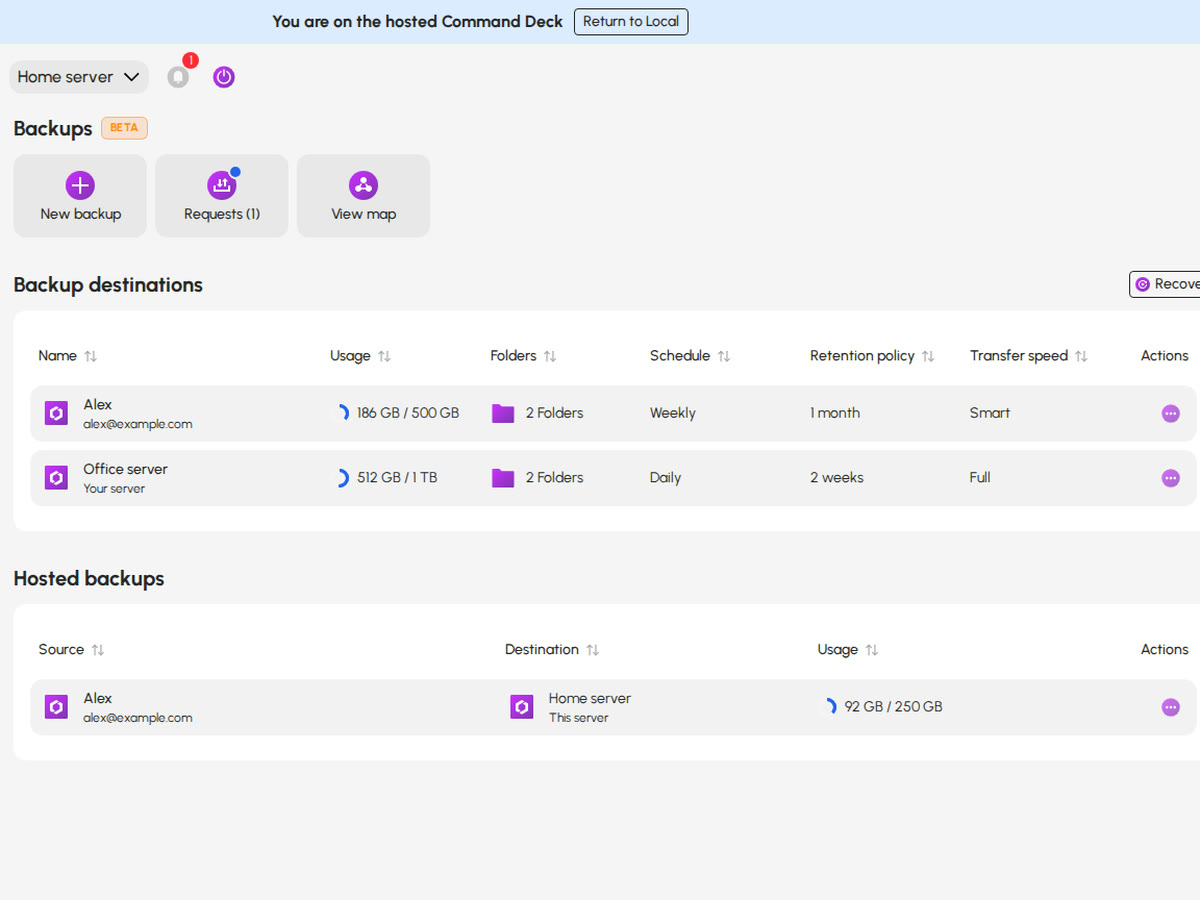 The Backups page: where your backups go and the ones you host