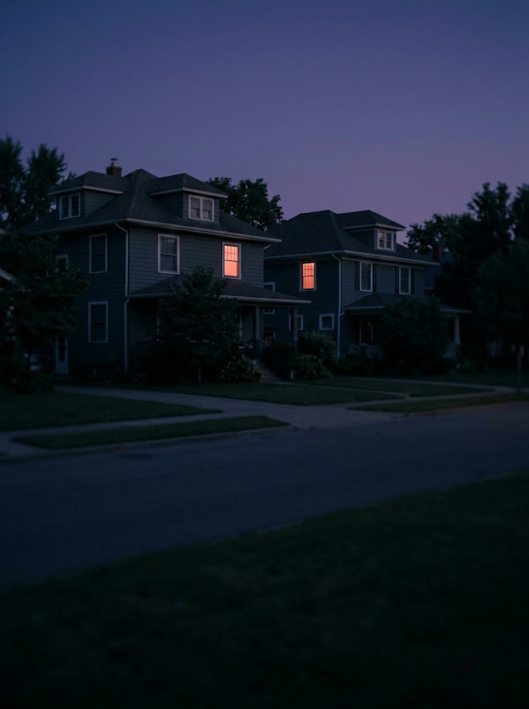 Two neighbouring houses at blue hour, one window lit in each
