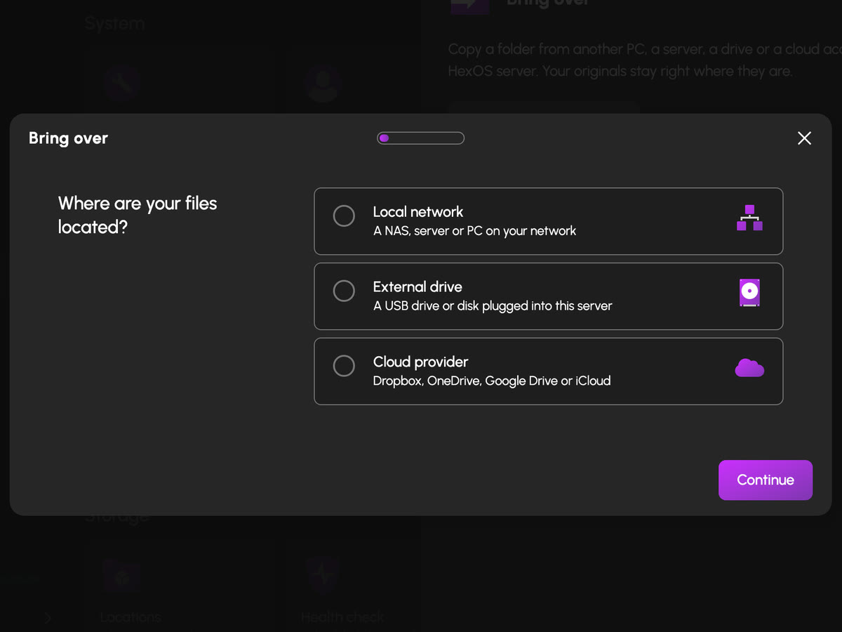 Bring Over asking where your files are: the network, a drive, or the cloud