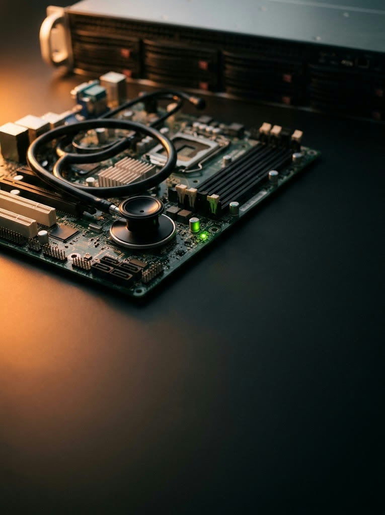 A stethoscope coiled on a server motherboard with a green status light, a rack server behind