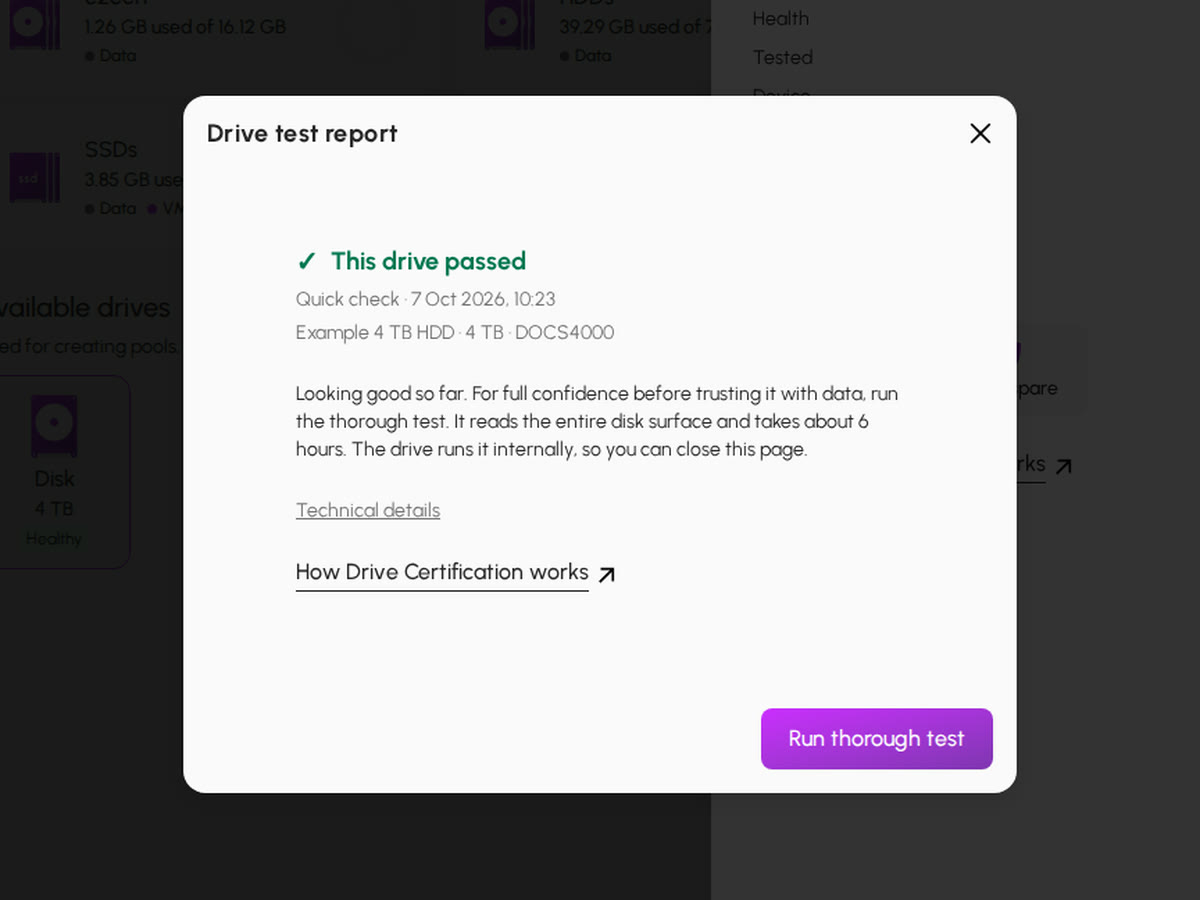 A drive's test report: this drive passed its quick check