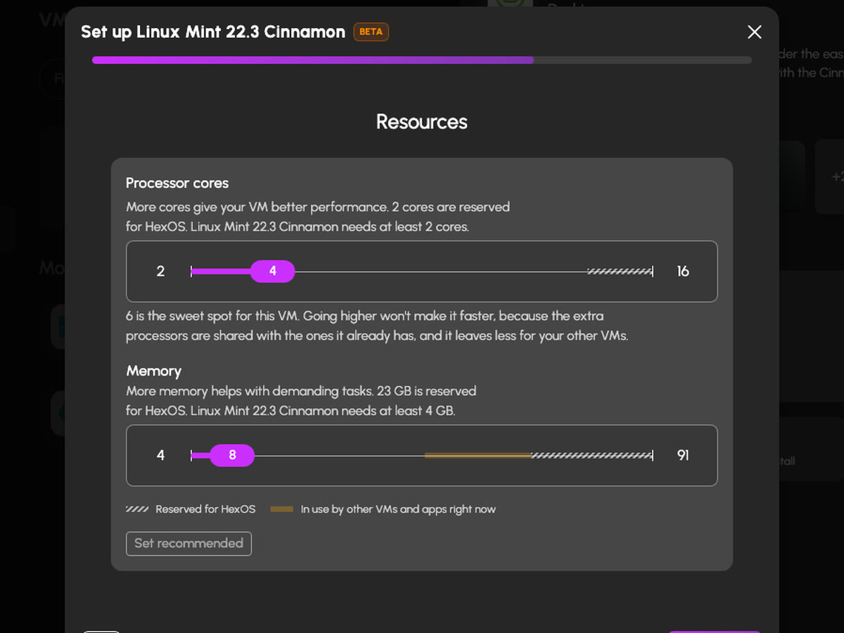 The setup wizard's resources step: processor cores and memory
