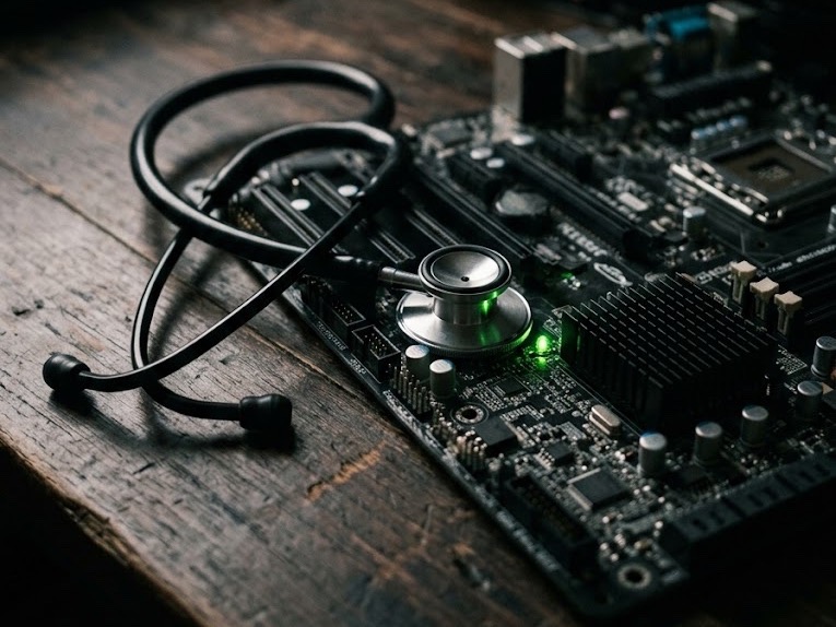 A stethoscope resting on a server motherboard