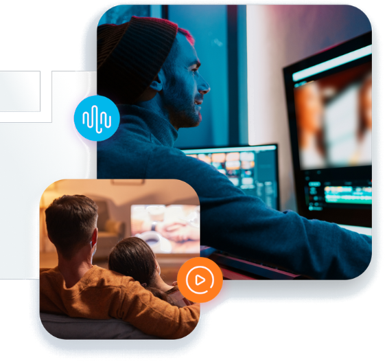 A creator editing video at a cyan-lit desk, and a couple relaxing in front of a TV